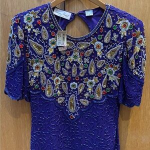 Deadstock Vintage Laurence Kazar purple beaded dress